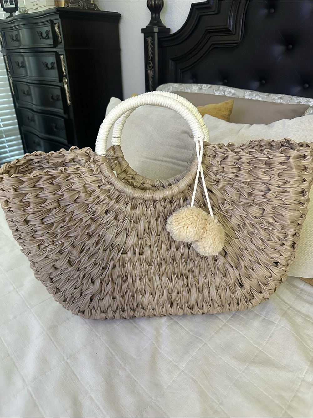 Woven Straw Tote Bag with Cream Handles and Pom Poms
